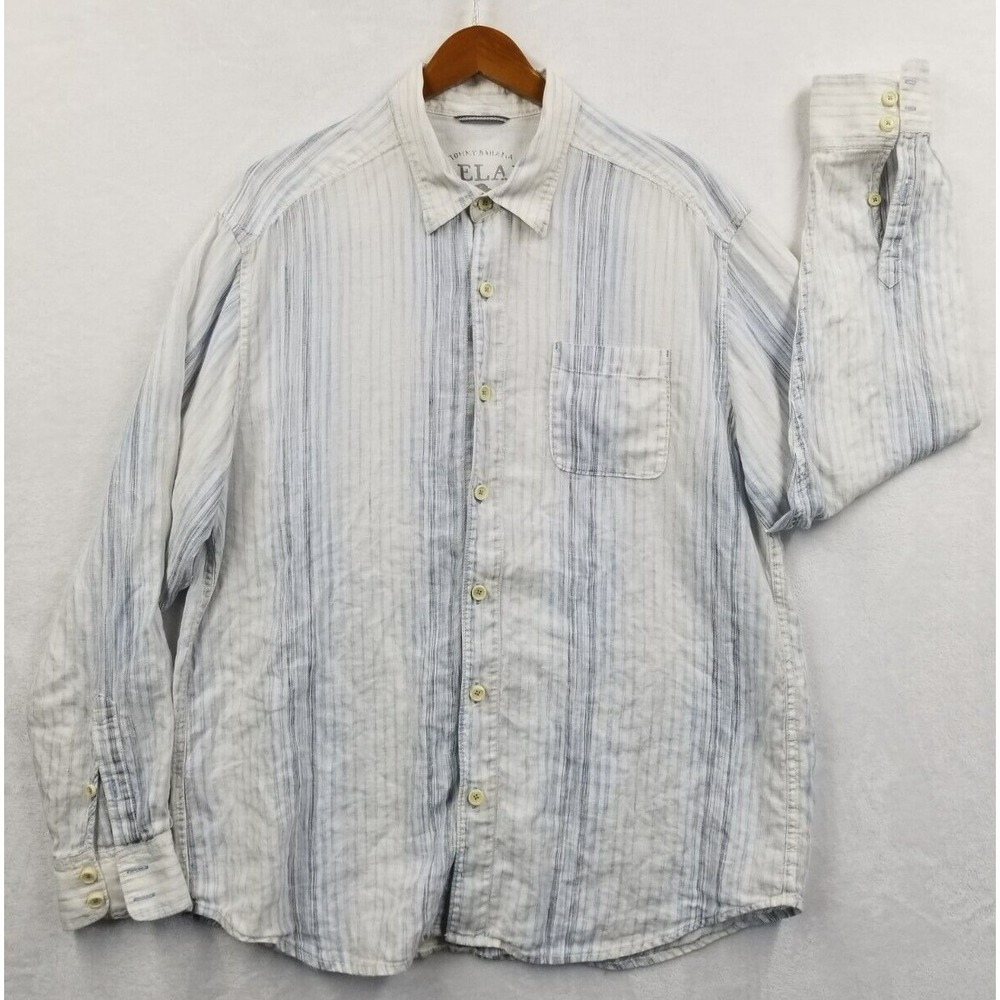 Tommy Bahama Relax Shirt Men XL Striped‎ 100% Linen Long Sleeve Casual Beach